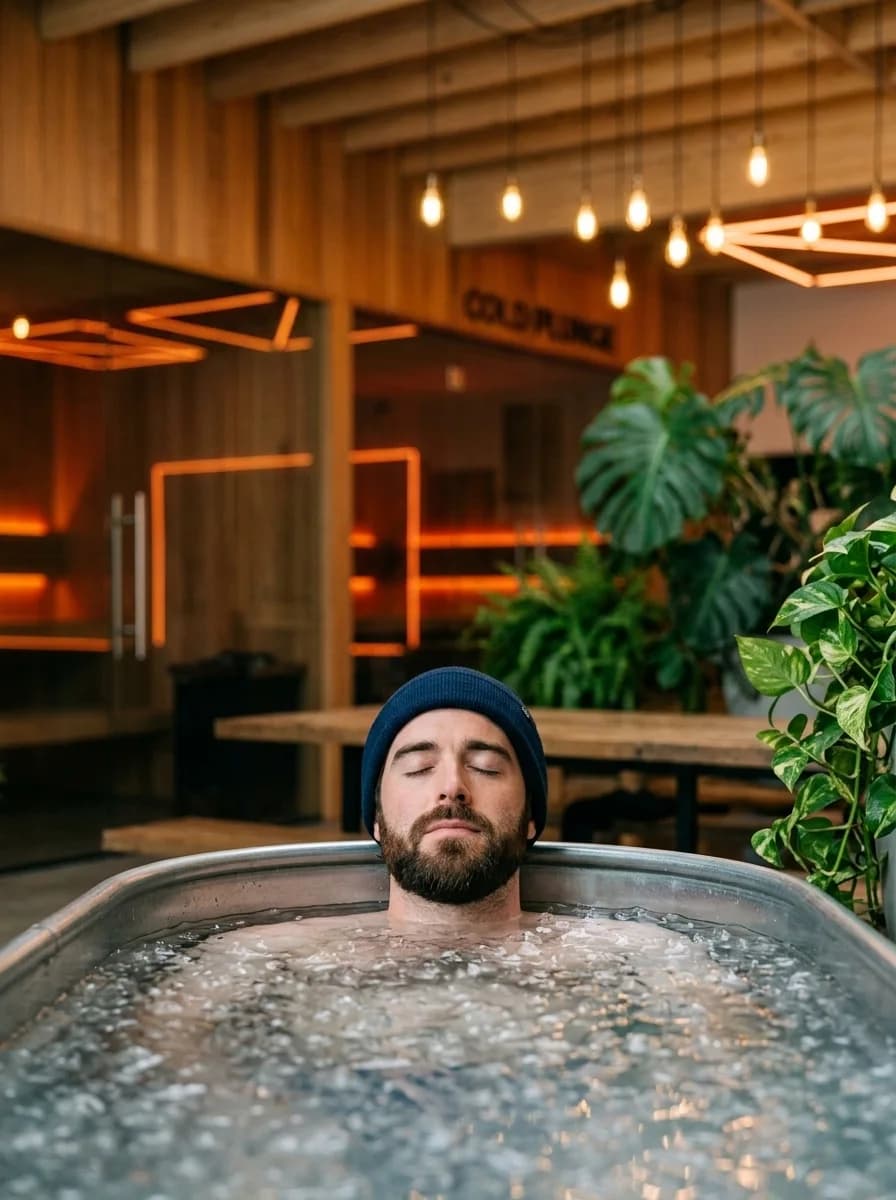 Man submerged in a cold plunge tub at Sauna Club Co
