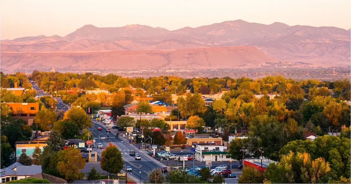 Aerial view of the Wheat Ridge, CO neighborhood surrounding Sauna Club Co